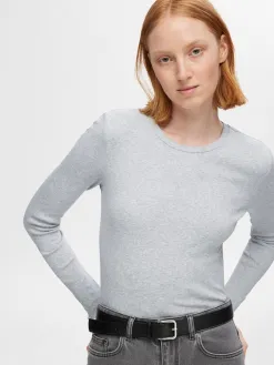 Selected Geribde top met lange mouwen Anna Light+Grey+Melange New