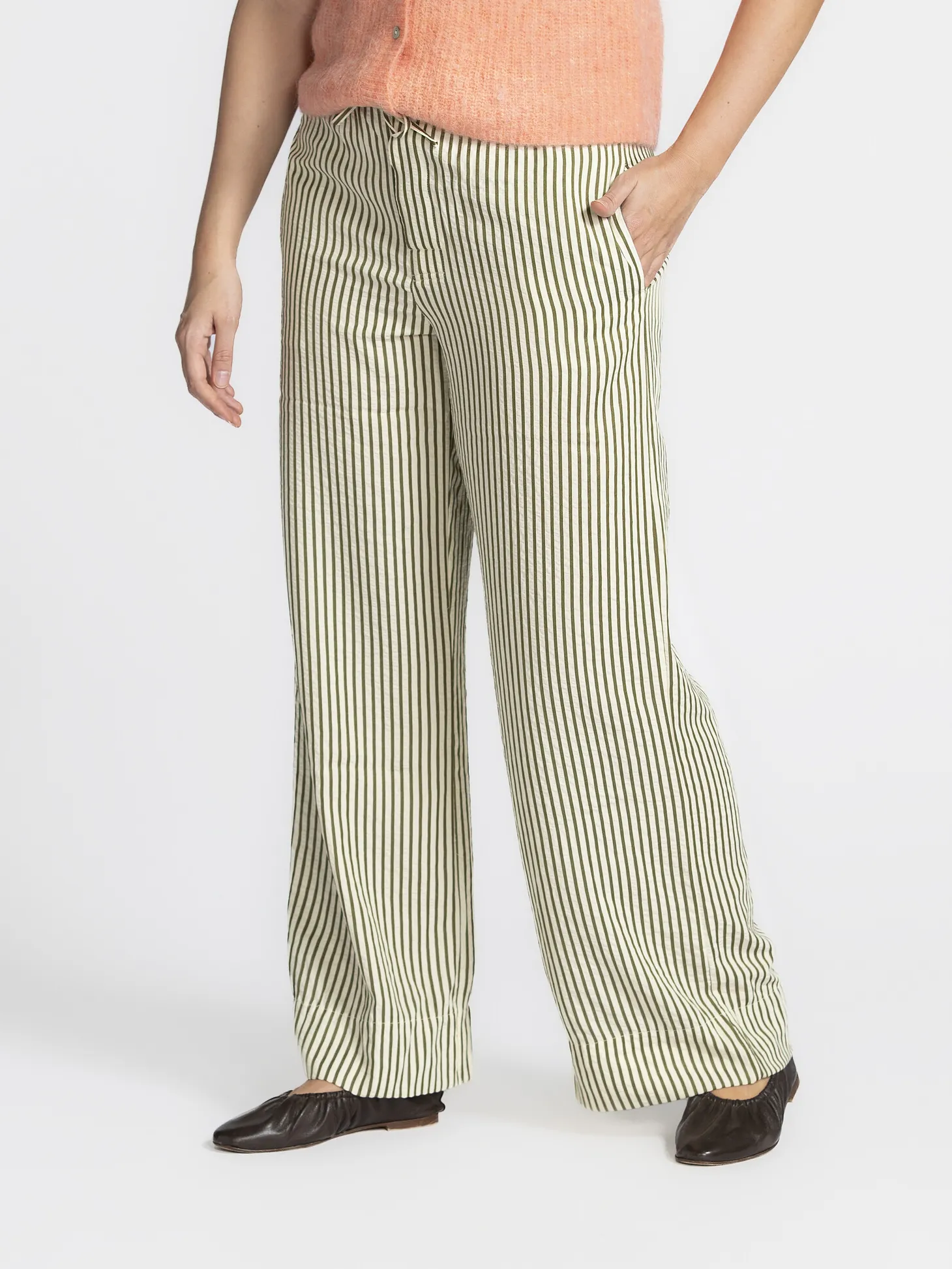 Les Soeurs Gestreepte broek Matt Khaki+Ecru Sale