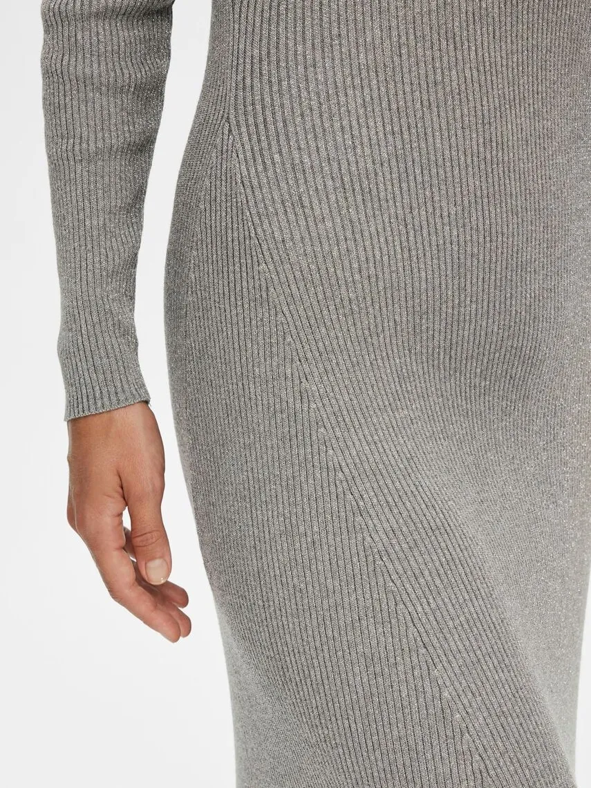 Selected Metallic knit midi jurk Lura Medium+Grey+Melange Hot